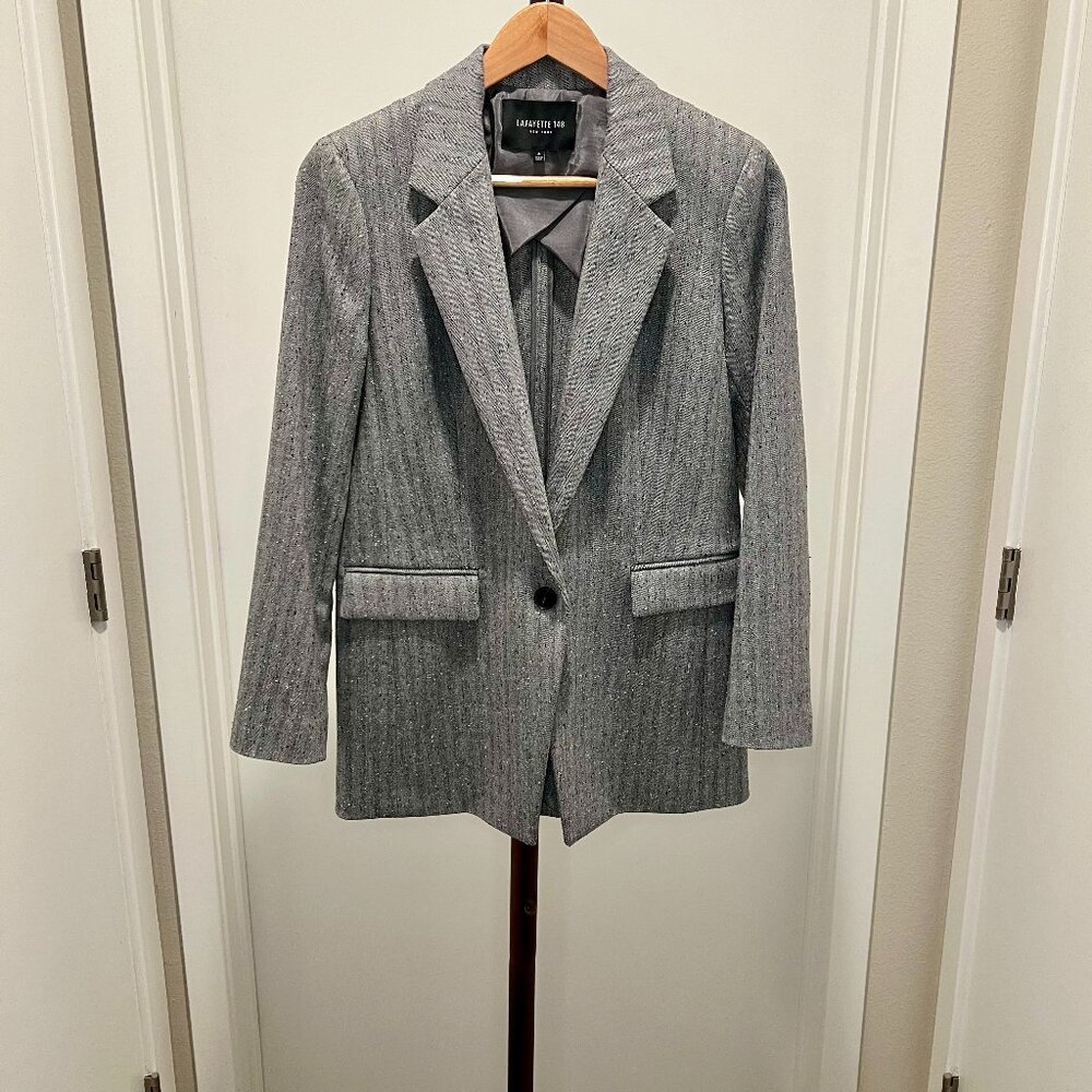 Lafayette 148 - One Button Stretch Wool Blazer Specked Herringbone SZ 4 - Grey